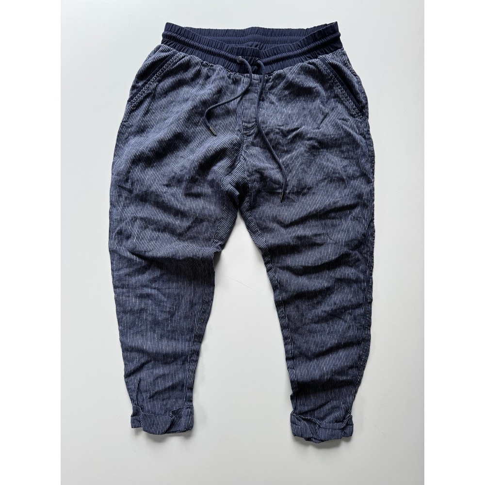 Athleta Stripe Bali Linen Ankle Pant Womens 8‎ Loose Fitting Lounge Casual Blue